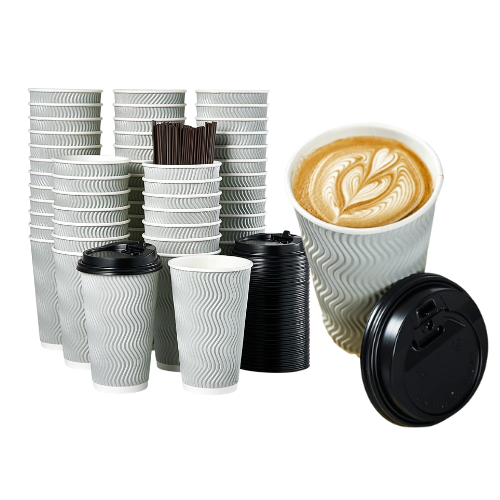 Gray insulated disposable coffee cup with lid and straw