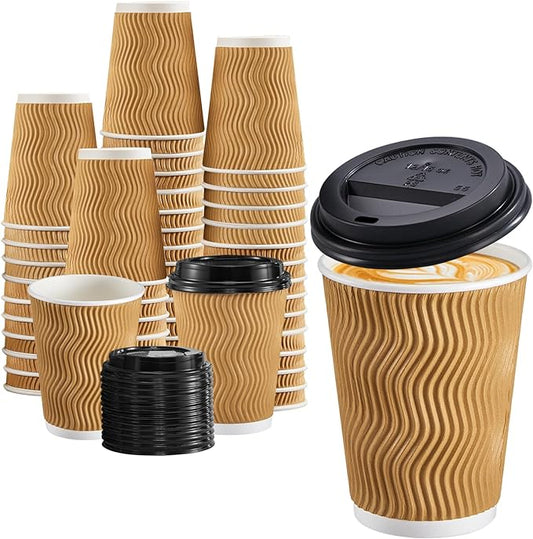 Champagne colored insulated disposable coffee cup with lid and straw