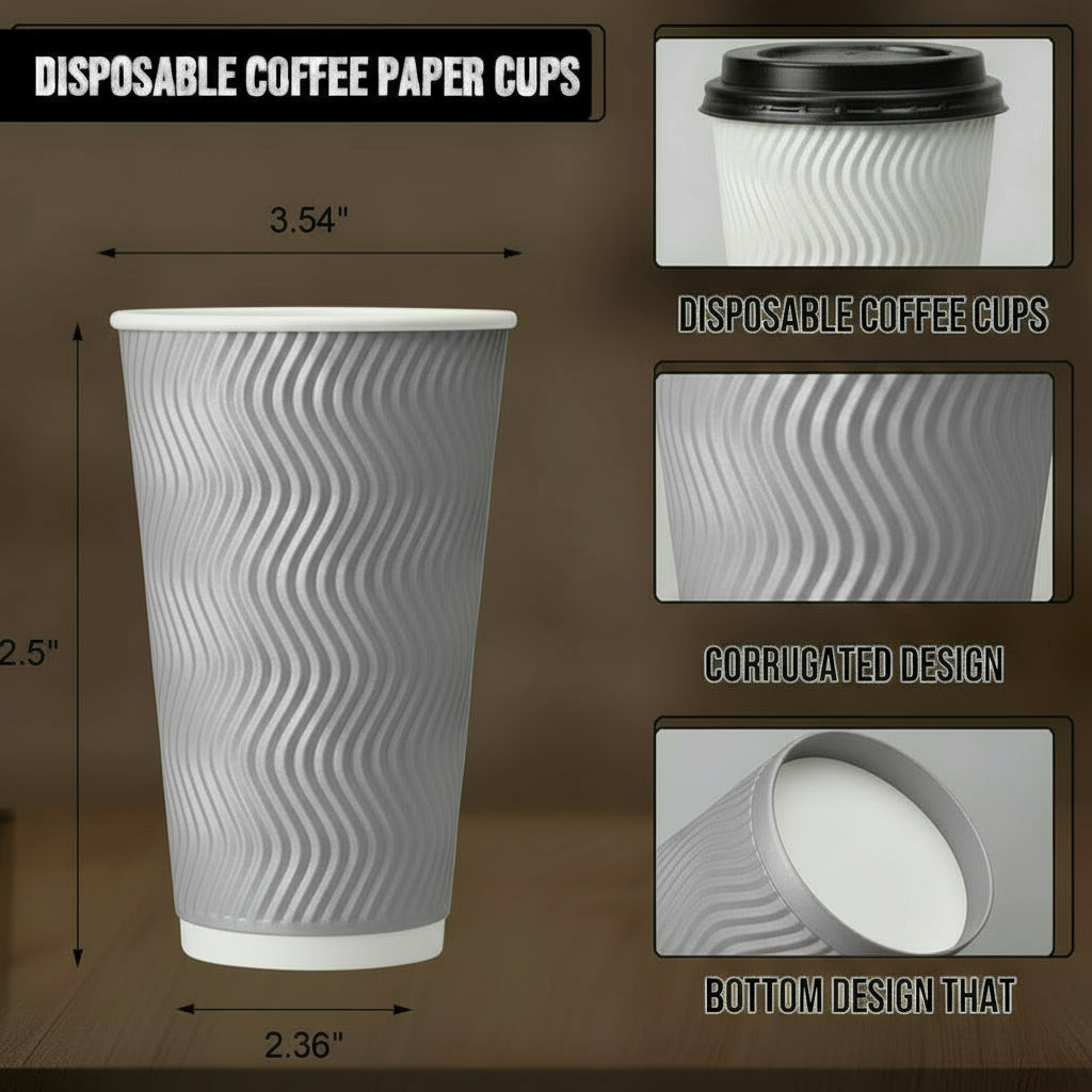 Gray insulated disposable coffee cup with lid and straw - side view