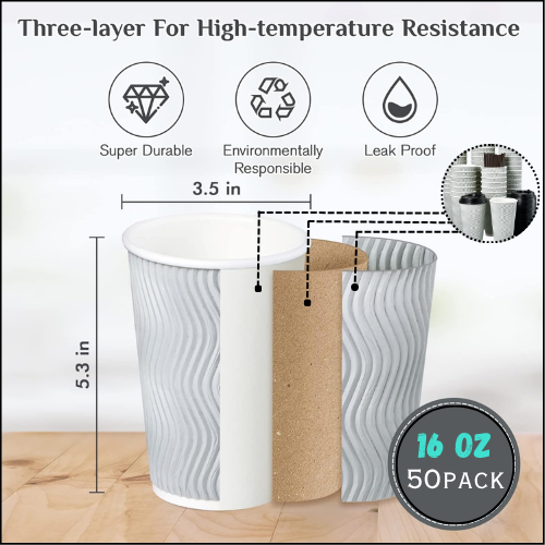 Close-up of gray insulated disposable coffee cup showing double-wall construction
