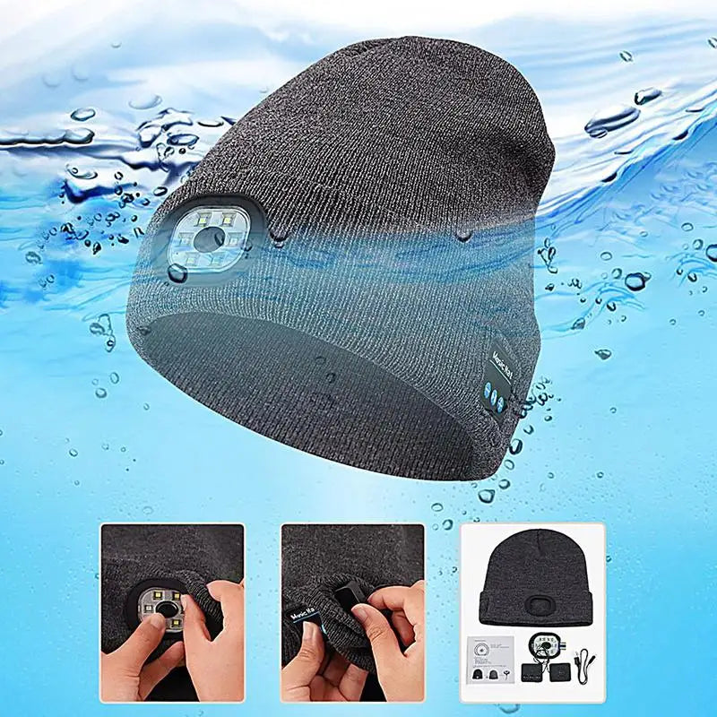USB Rechargeable Headlamp Caps Wireless Music Beanie With Light & Wireless Bluetooths Headphones Night Lighted Hat Birthday Gift