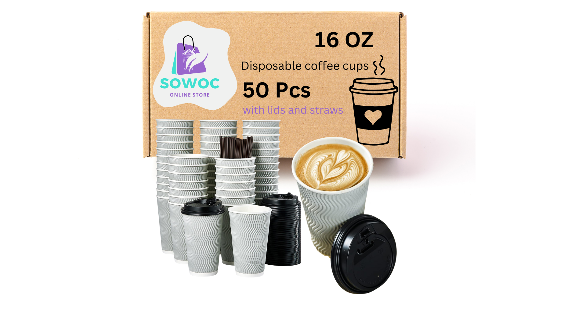 Gray colored 16 oz insulated disposable coffee cups with lids and straws - 50 pack product packaging
