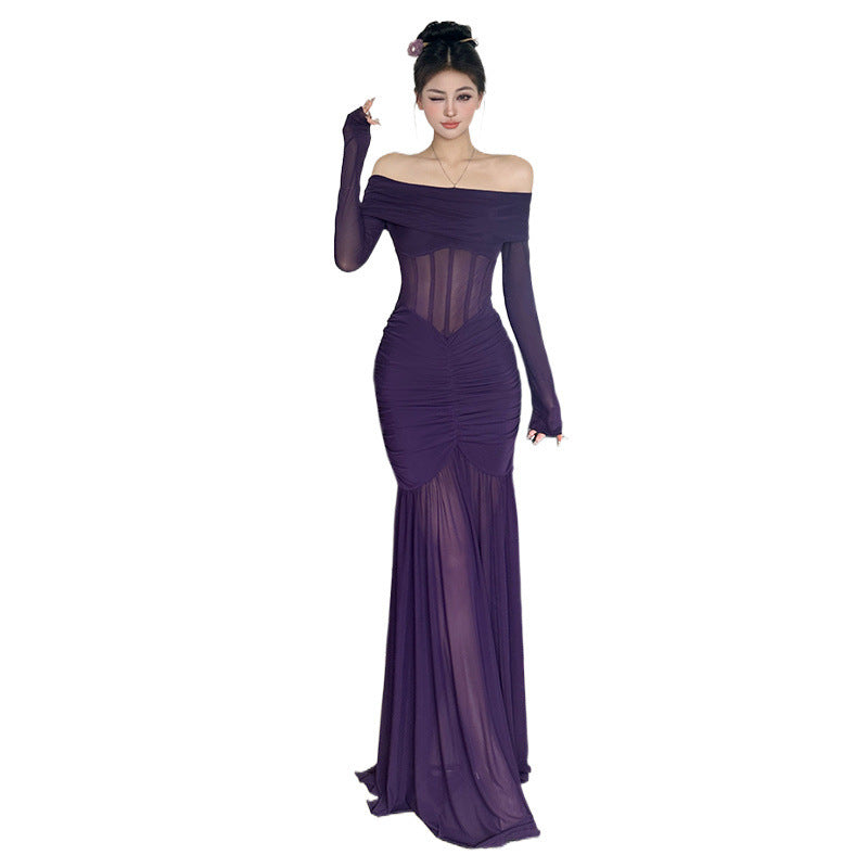 Purple Mesh Dress Off-shoulder Fishbone Waist