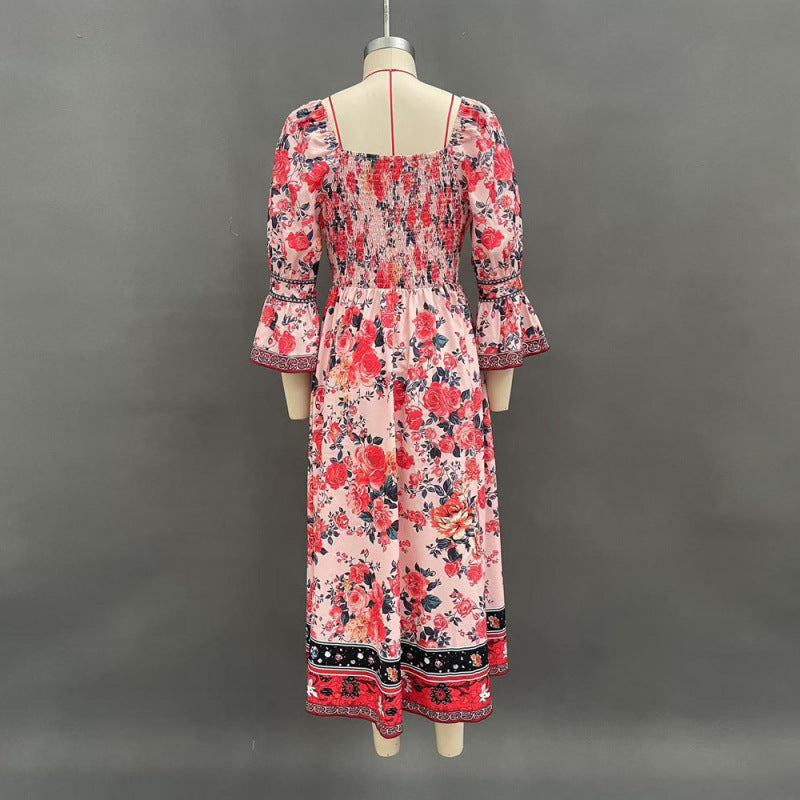 Women's Printed Bell Sleeve V-neck Long Dress