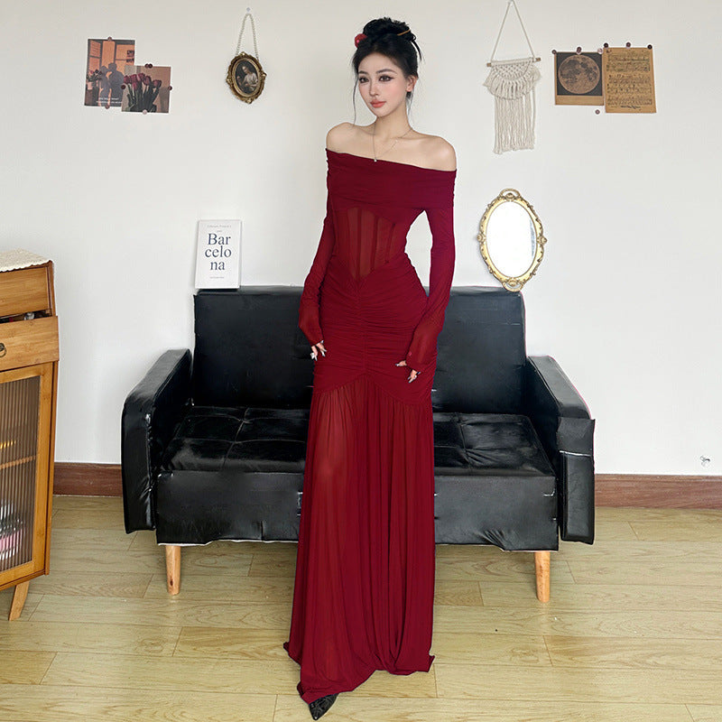 Purple Mesh Dress Off-shoulder Fishbone Waist